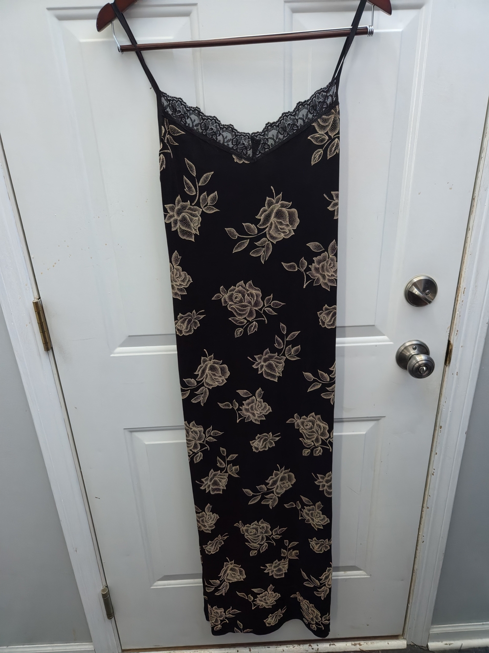 JALAte Black Slip Dress with Lace Trim